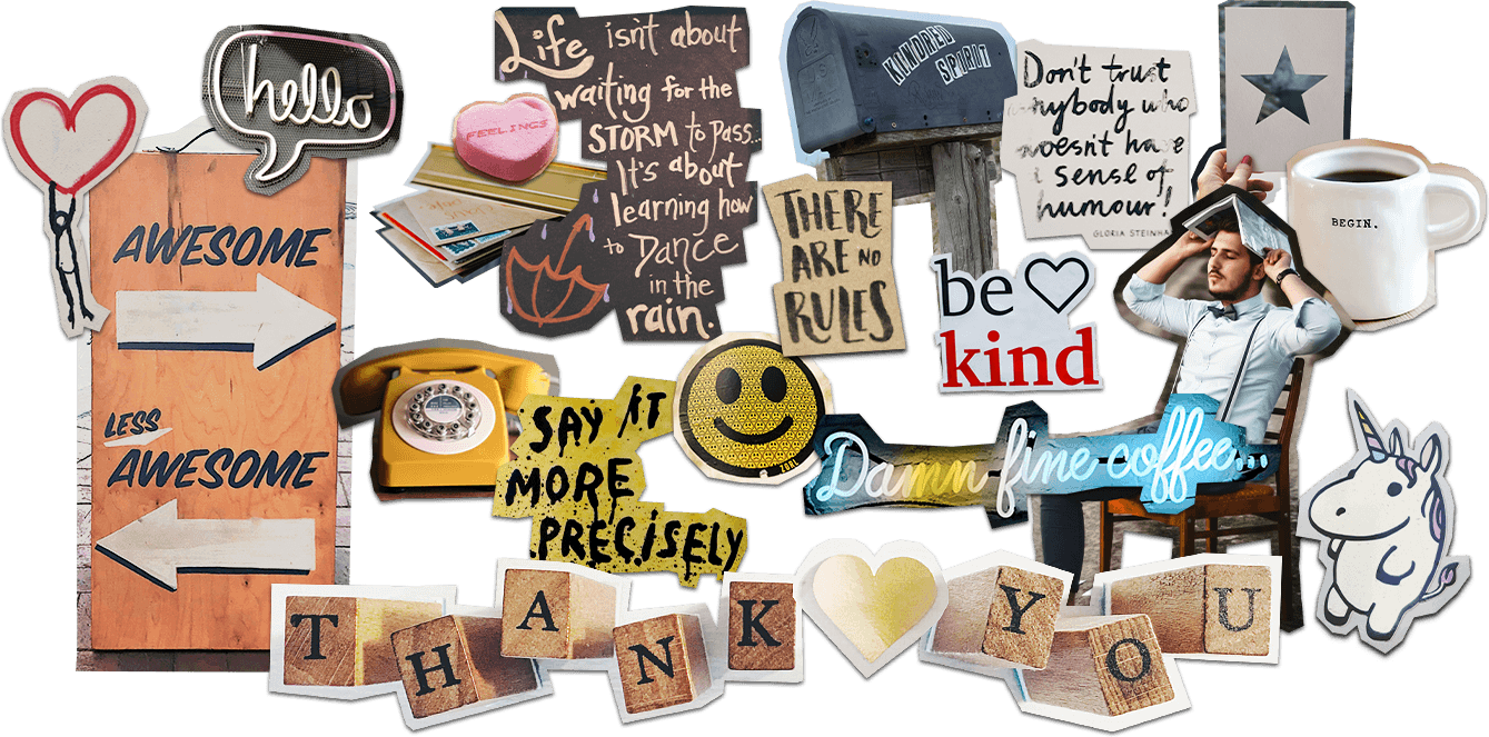 Scrapbook collage depicting various cut outs